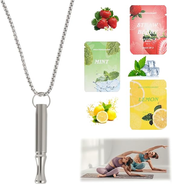 Breathing Necklace with Resistance, Breathe Free Necklace Anxiety Relief, Sensory Tool for Breathing Exercises, Portable Stress Relief Device with 3 Refill Packs for Calm and Focus, Gift for Adults