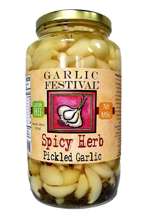 Garlic Festival Foods Spicy Herb Pickled Garlic Cloves in a Jar - Freshly Made - Subtly Infused, Pre-Prepared Garlic - Net Wt. 32 oz.