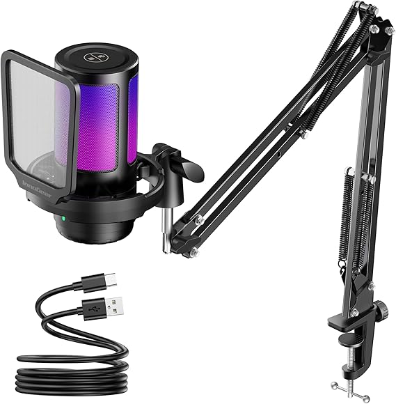 InnoGear Gaming Mic USB Computer Microphone for PC Boom Arm Stand, Black | Noise Cancellation, Adjustable Boom Arm, One-Touch Mute, Flexible Angle, 4 RGB Modes, Work with PS4/PS5, Wide Frequency Range