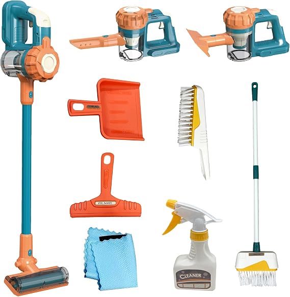 Kids Vacuum that Really Works 9Pcs Aged 3+ Kid Cleaning Set for Toddlers Toy Cleaner Kids Broom and Dustpan Set Scrub Brushes Baby Boy Girl Gifts ( 950Blue)