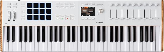 Arturia KeyLab mk3 USB MIDI Keyboard Controller, 61 Key - White | Keys with aftertouch, 12 pressure-sensitive performance pads, nine assignable encoders, sustain and auxiliary pedal inputs