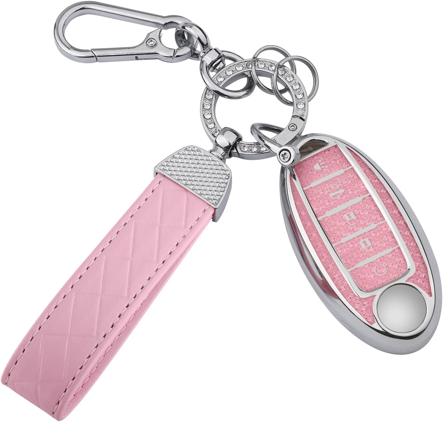 for Nissan 5 Buttons Key fob Cover, Soft TPU Keys Protector Bling Key Fob Keychain for Altima Sentra Rogue Pathfinder Murano Armada Maxima Versa Smart Key, Silver Pink