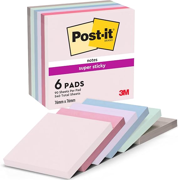 Post-it Super Sticky Notes, 6 Pads (540 Sheets), 76 mm x 76 mm