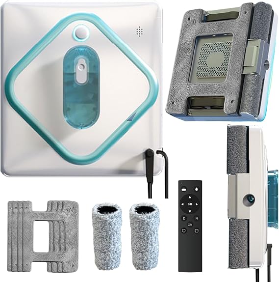 Automatic Window Cleaner Robot with 4 Cleaning Cloths, 3000-5000Pa Variable Frequency Suction, Double 30ML Water Tank, 3-Way Water Spray, APP+Remote Control, Dual Roller Brush + Mop For Deep Cleaning
