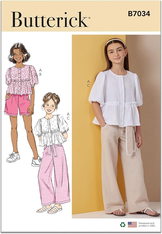 Butterick B7034A Girls' Boxy Fit Top, Pull-on Shorts, Pull-on Pants and Sash Sewing Pattern Packet, Design Code B7034, Sizes 7-8-10-12-14
