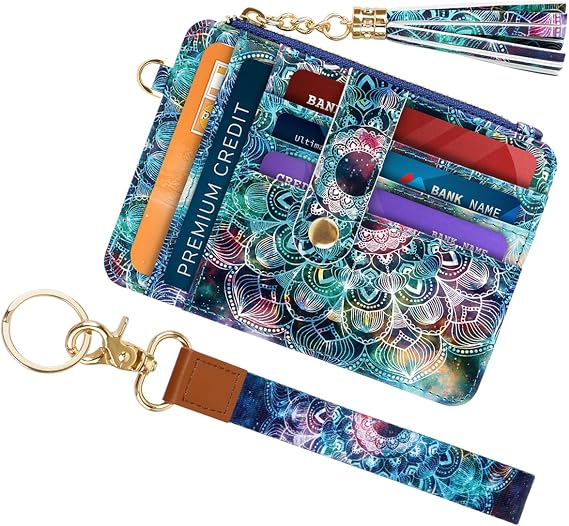 Slim Zipper Credit Card Holder with Keychain Wristlet Small RFID Leather Wallet with ID Window for Women,Mandala
