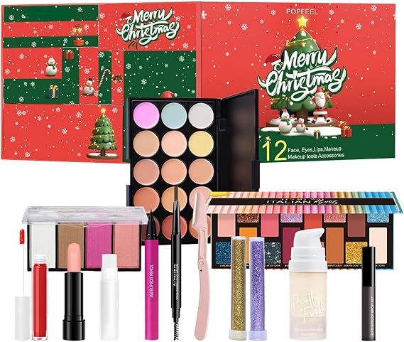 Christmas Advent Calendar 2024, Make Up Set Christma-Vacation Countdown Calendar, Christmas Countdown Calendar, Beauty Set Advent Calendar, 12 Pieces Beauty Countdown Kit Includes Lipstick, Eyeshadow