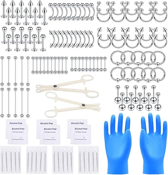 PunkTracker 140Pcs Professional Ear Piercing Kit 14G 16G Stainless Steel Nose Piercing Kit Piercing Needles Nose Daith Eyebrow Lip Cartilage Tragus Helix Ear Piercing Belly Piercing Set