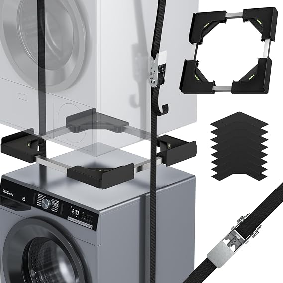 Washer Dryer Stacking Kit, Universal Stacking Kit for Washer and Dryer, Adjustable Frame for 45~68cm Stackable Washer and Dryer Stacking with Ratchet Strap (Black)