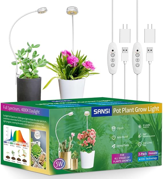 SANSI Grow Lights for Indoor Plants, Pot Clip On LED Plant Light, 5W 2-Pack | 4000K Full Spectrum, ETL Listed, 4 Dimmable Brightness Levels, Auto On/Off 3/6/12 Hrs Timer, for Small Plants, 5V USB Powered
