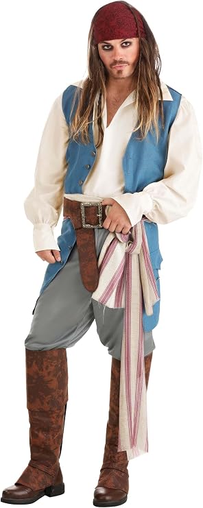 Pirates of the Caribbean Captain Jack Sparrow Adult Costume - Halloween Outfit with Vest, Boot Covers & Headscarf