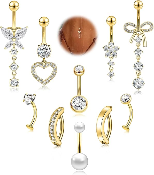 10 Pcs 14G Belly Button ring Dangle Belly Rings Stainless Steel CZ Opal Pearl Butterfly Heart Flower Dangling Belly Button Dainty Navel Ring Clicker Piercings Navel Pack