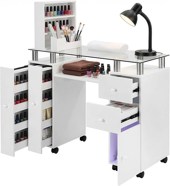 Nail Desk for Nail Tech, Professional Manicure Table, White | Glass Desktop, Pull-Out Locker, Open Shelves, 2 Drawer and Cabinet Storage, For Makeup Beauty Salon Workstation, Home