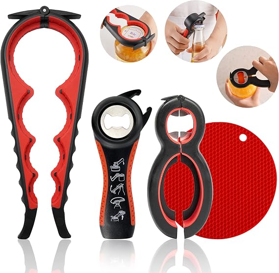 Jar Opener for Weak Hands, Easy Twist Jar Opener For Seniors with Arthritis, 5 in 1 Multi Function Bottle Opener Lid Opener For Arthritic Hands with Non Slip Rubber Jar Gripper Pad (Red)