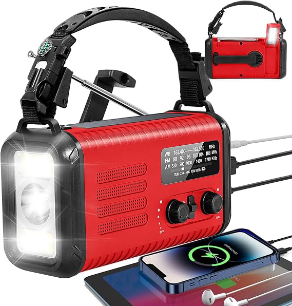 緊急ハンドクランクラジオ、NOAAウェザーラジオ、20000mAh /74000mWhソーラーラジオ、AM FM付き、ポータブル懐中電灯携帯電話充電器、S0Sアラーム、キャンプハイキング用読書ランプレッド