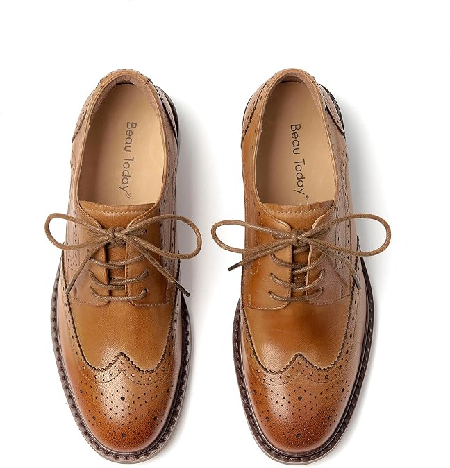 BEAU TODAY Oxford Shoes for Women,Leather Brogue Dress Shoes,Comfort Brethable Ladies Lace-up Handmade Wingtip Shoes for Business Work