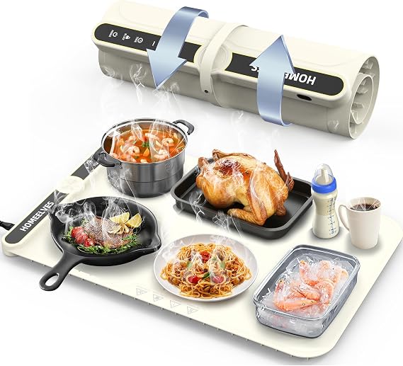 Food Warming Mat, Rapid Heating Electric Warming Tray with 9 Temp Setting and 6 Hours Timer,Foldable Warming Trays for Food, Portable Food Warmers for Parties Buffet, Beige