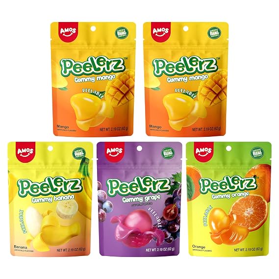 AMOS Peelerz Gummy Variety Pack 5 Individual Packs Peelable Candy with 2 Mango, 1 Grape, 1 Orange & 1 Banana