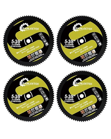 HSS Circular Saw Blade 5-3/8 Inch 78 Tooth SANLEETEK Cutting Plywood, OSB, Paneling, Vinyl Siding, Non-Ferrous Metals, Plastic Products, Copper, Aluminum with 3/8" (10mm) Arbor - 4 Pack