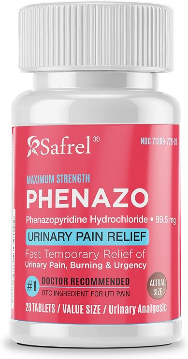 Safrel Urinary Pain Relief | UTI Relief | Fast Acting | Bladder Discomfort & Pain Relief | Phenazopyridine Hydrochloride 99.5mg (28 Count)
