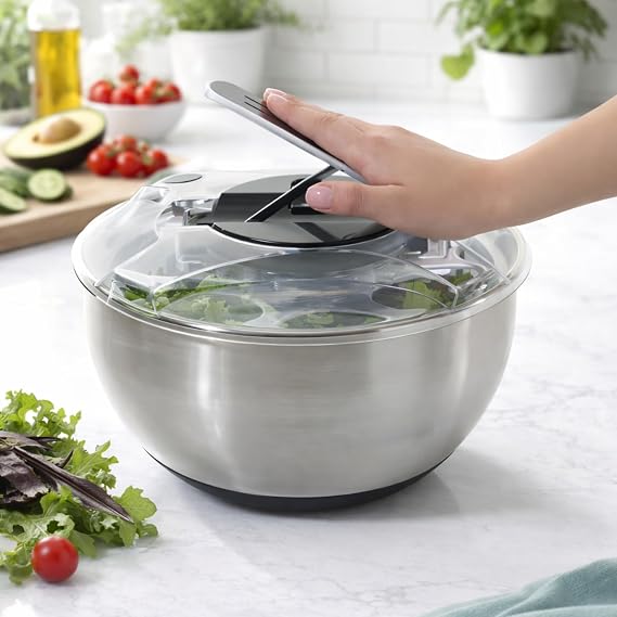 Paslanmaz Çelik Salata Kurutucu (Salad Spinner) – Kapaklı Süzgeç Sepetli, Kaymaz Taban, Hızlı Kurutma & Karıştırma Kasesi, Büyük Boy Mutfak Hazırlık Kabı