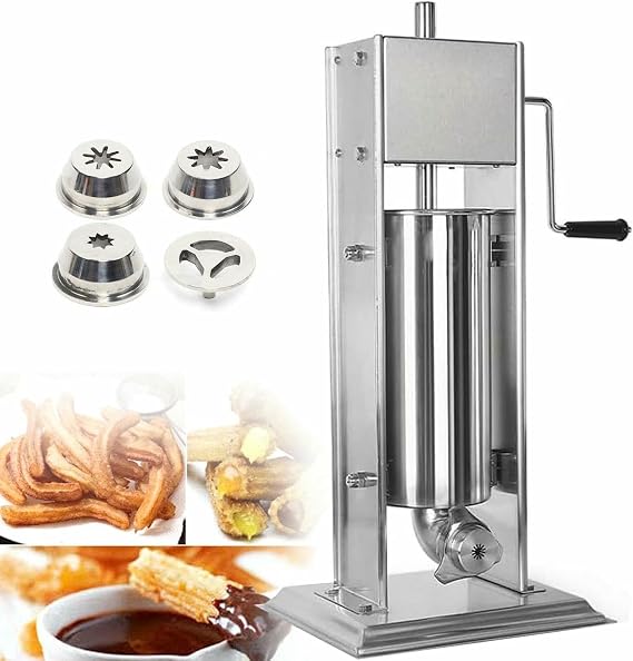 Commercial Churro Machine, Hand Crank Stainless Steel Churro Maker with 4 Nozzles, Vertical Type Manual Spanish Donuts Churro Filler Machine for Restaurants Cafeterias Bakeries(3l)