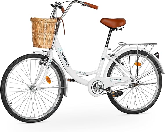 Beach Cruiser Bike for Women and Men, 24 inch Female Commuter Bicycle with Basket, 1 Speed Womens Bike with Rear Rack/High-Carbon Steel/Front & Rear Fenders, Ergonomic Upright Design, White