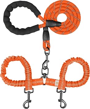 MingXpets Double Dog Leash, Dual Dog Leash, 360 Swivel Tangle Free Bungee Walking Training for Large Medium Dogs, Shock Absorbing Bungee Reflective for Two Dogs, 18~120 lbs, Orange