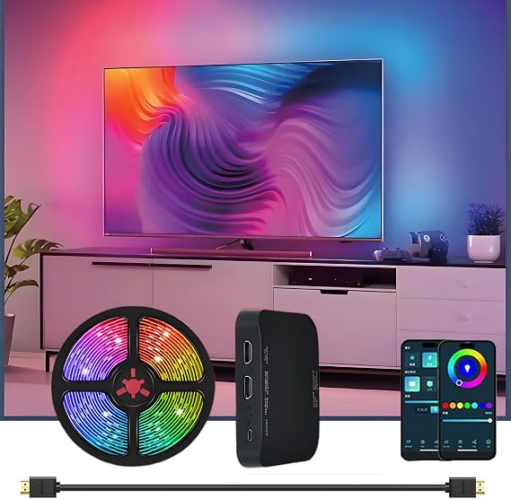 Smart TV Sync RGBIC LED Strip Light with HDMI 2.0 Box - Real Time Screen & Music Sync, Music Sync, 12 Scene Modes, IP65 Waterproof, Plug and Play, No WiFi Required For 55-65 inch TV