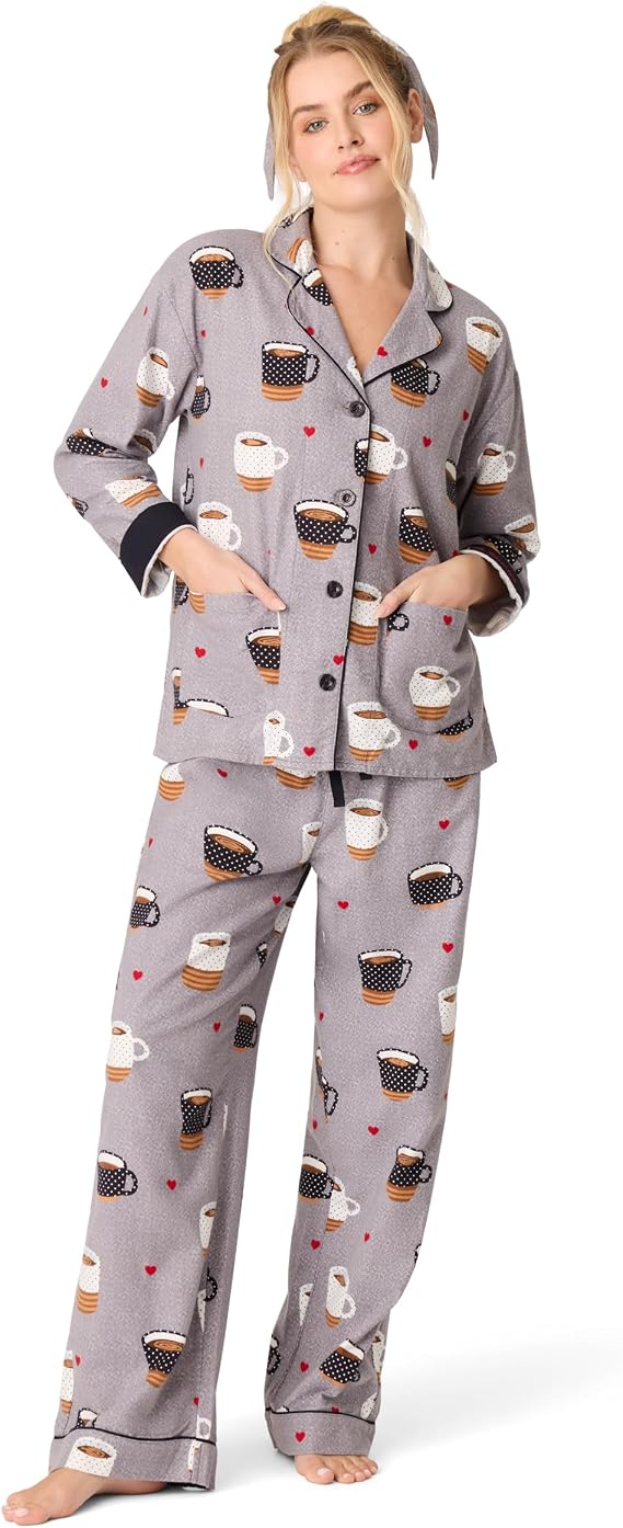 PJ Salvage Women's Cotton Flannel Long-sleeve Top, Pant and Headband 3-piece Pajama Set