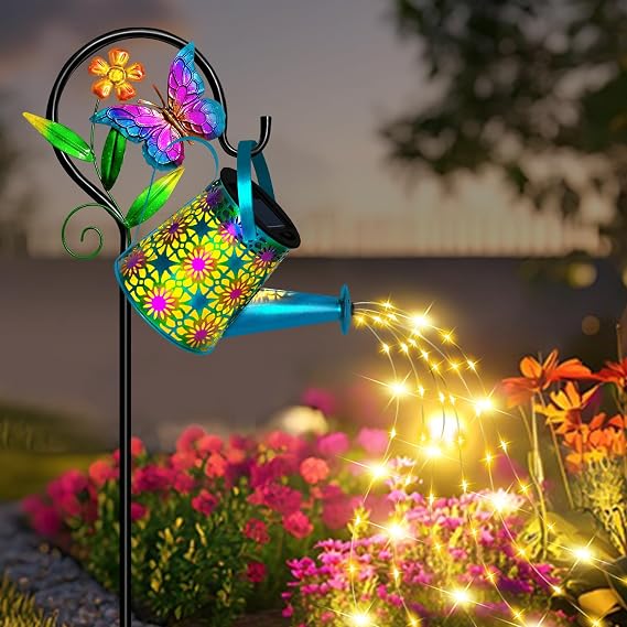 Solar Garden Lights Outdoor Decor, Butterfly Watering Can Shepherd Hook