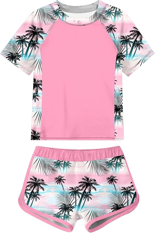 ADUKIDE Girls Rash Guard Swimsuit Size 7-16 Kids Short Sleeve Bathing Suit