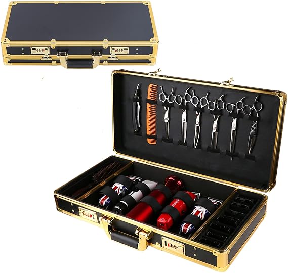 Professional Barber Case, Barber Travel Organizer Tool Box, B-arber Carrying Case, barber Tools Travel Organizer Box, for Clippers Trimmers Scissors organizer, with lock(Golden)