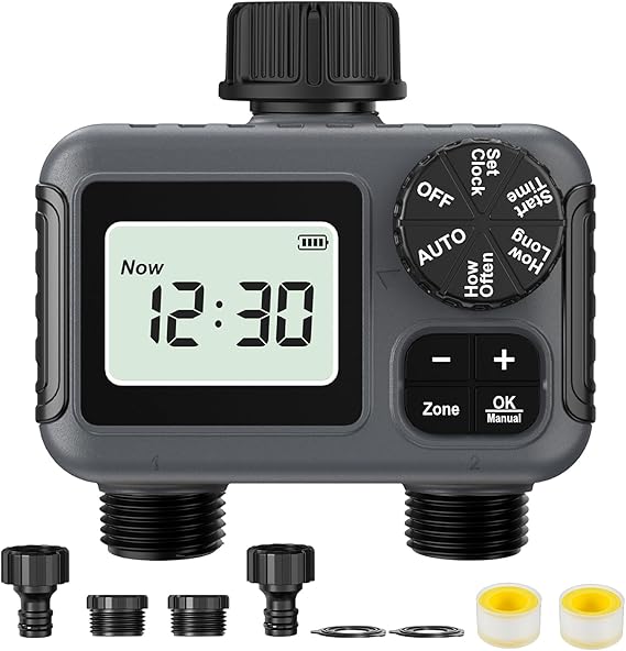 Water Timer 2 Outlets, Programmable Sprinkler Timer with Rain Delay Manual/Automatic Watering System, IPX5 Waterproof Hose Timers Digital Irrigation Controller for Lawn Yard Garden Watering