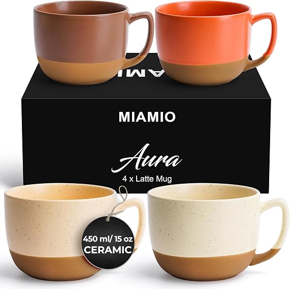 MIAMIO - Coffee Mugs Set of 4 (450ml), Ceramic Coffee Cups - Aura (White)