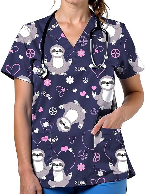VillbeCoser Scrubs for Women Cute Printed V Neck Scrub Top Nurse Shirt