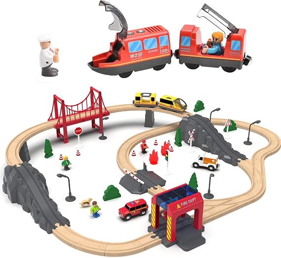 72PCS Wooden Fire Station Train Sets+2PCS Battery Operated Action Locomotive Trains