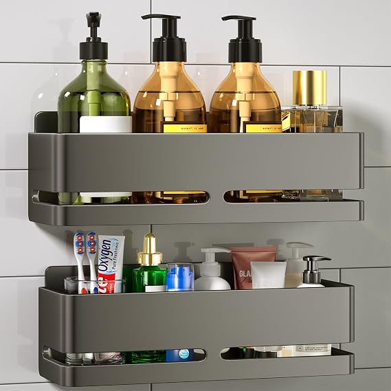 Bathroom Shelf, Water Resistant to Rust, 2 Pieces Shower Shelf without Drill, Shower Organizer for Shampoo and Baio Gel (Grey)