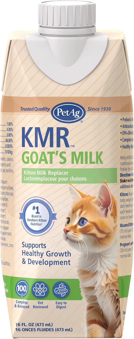 PetAg KMR Goats Milk Kitten Milk Replacer Liquid - 16 oz - Resealable - Ready-to-Feed Kitten Formula with Vitamins for Newborn Kittens to 1 year - Easy to Digest - Storable & Portable