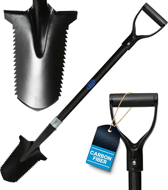 CKG Carbon Metal Detecting Shovel Digging Tool with Double Serrated Blade Lightweight Digger Garden Root Cutter, Spade Professional Metal Detector Accessories, Gold Digger Shovel - Carbon Black