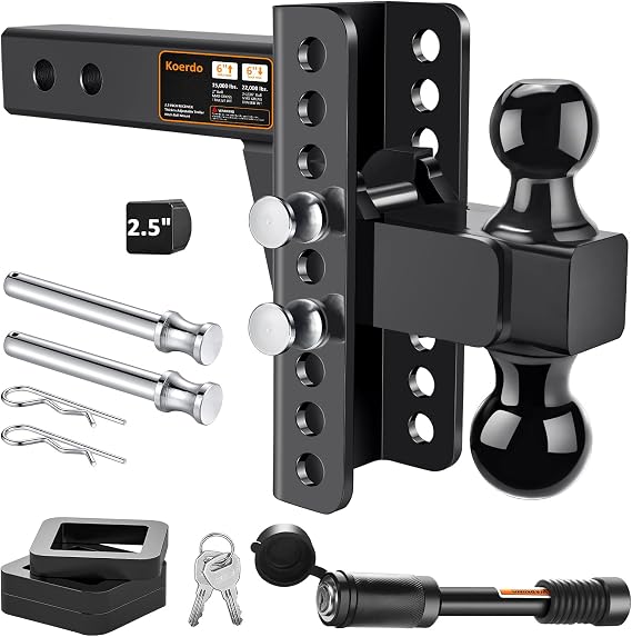 Adjustable Trailer Hitch Fits 2.5" Receiver, Drop Hitch & Tow Hitch with 6-Inch Drop/Rise, 2" & 2-5/16" Dual Ball Hitches for Trucks, 22,000 lbs GTW, Trailer Hitches with Anti-Theft Pin, Black