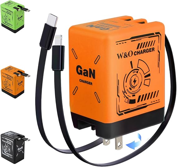 W&O 2-in-1 Compatible with Fast Charger, Retractable Wall Fasts Charging Power Adapter with All in One Foldable Plug, Scalable Power Module for Phone, Tablet (Orange)