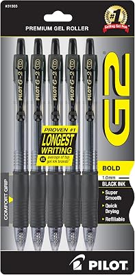 Pilot, G2 Premium Gel Roller Pens, Bold Point 1 mm, Black Pack of 6, 30 Count Total