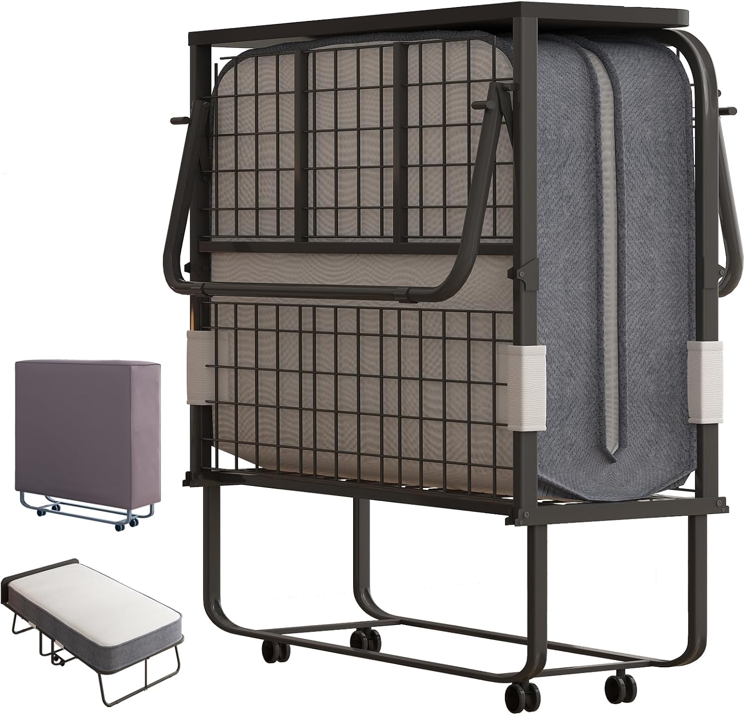 BALUS Folding Bed with Mattress, 75 x 31 Rollaway Bed with Headborad & Dustproof Bag, Portable Fold Up Beds with 5 Rebound Mattress, 2 Locking Caster Foldable Twin Frame for BedroomOffice（Upgrade