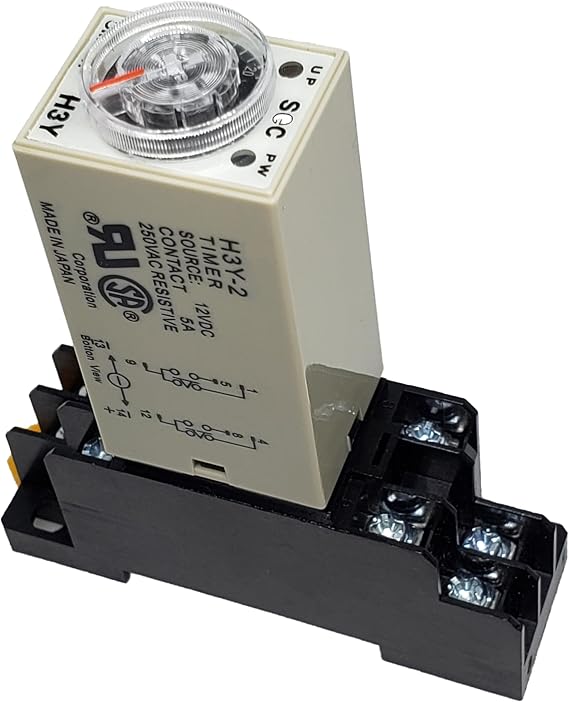 DC 12V Delay Timer Time Relay DPDT 0-60S Second and Base Socket H3Y-2 (DC 12V)