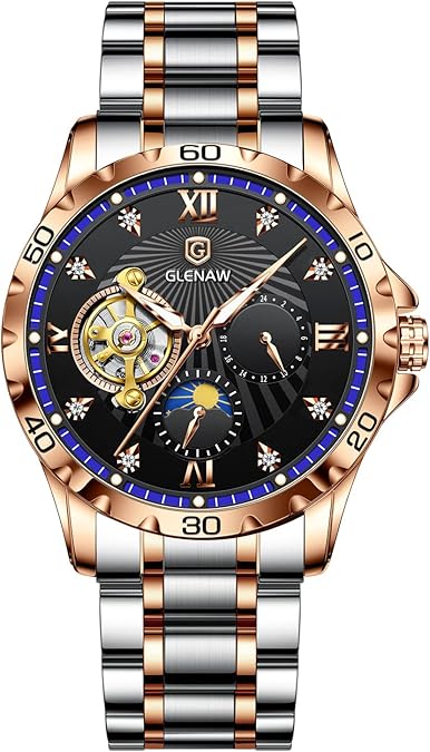Automatic Watches for Men, Rhinestones Markers Waterproof Watches for Men Stainless Steel Strap Skeleton Self-Winding Mechanical Watch Diamond Dial Wrist Watch Party