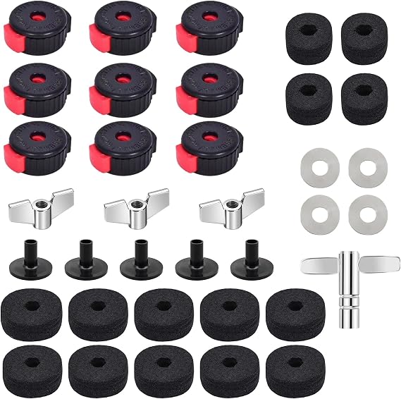 36 PCS Cymbal Replacement Accessories, Clutch Felts, Drum Cymbal Felt Pads Include Wing Nuts & Washers & Plastic Cymbals Sleeves & Drum Key and Plastic Cymbals Nuts, Replacement for Drum Set,Red