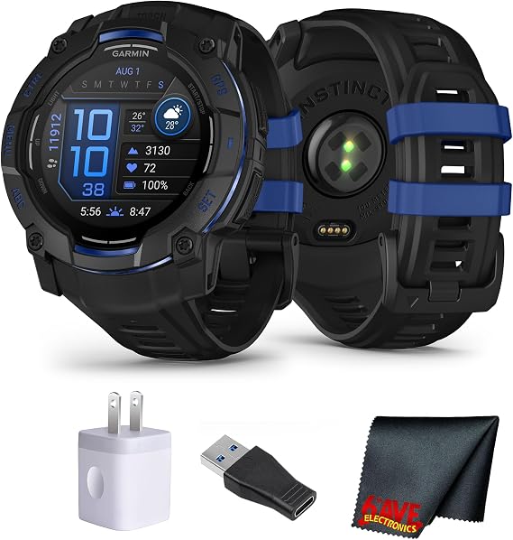 Garmin Instinct 3 Rugged GPS Smartwatch, 50 mm AMOLED Display, Multi-Band GPS with SatIQ, Built-in Flashlight, 24 Days Battery Life, Outdoor Sports and Navigation Features Supernova Collection Bundle