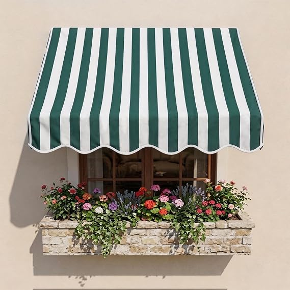 Awnings for Outside, Outdoor Window Shades, 4' Wide Door Awning with Wavy Valance, Fabric Cover& Metal Frame, Weatherproof, Wall-Mounted, Easy to Install, Toldos para Patio Exterior, Green & White