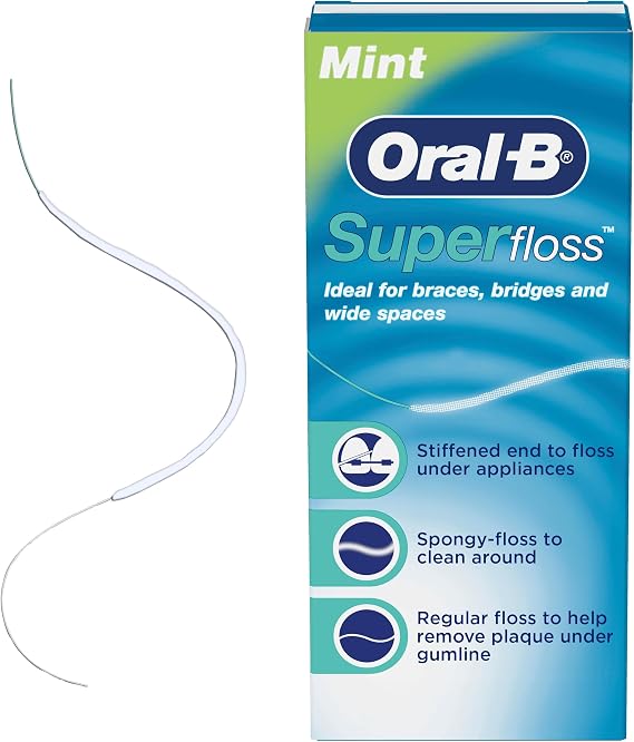 Oral-B Super Floss Pre-Cut Strands, Dental Floss for Bridges, Braces and Wide Spaces, 50 Strands